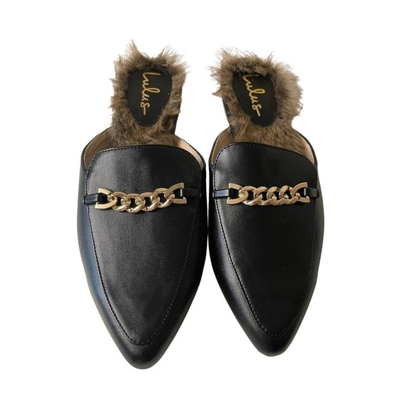 Lulu’s Antonia 2 Black Faux Fur Loafer Slides NEW Size 10 Vegan - Picture 2 of 7